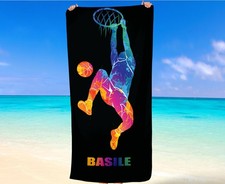 Personalized Basketball Kids Name Beach Towel Microfiber Top & Cotton Reverse