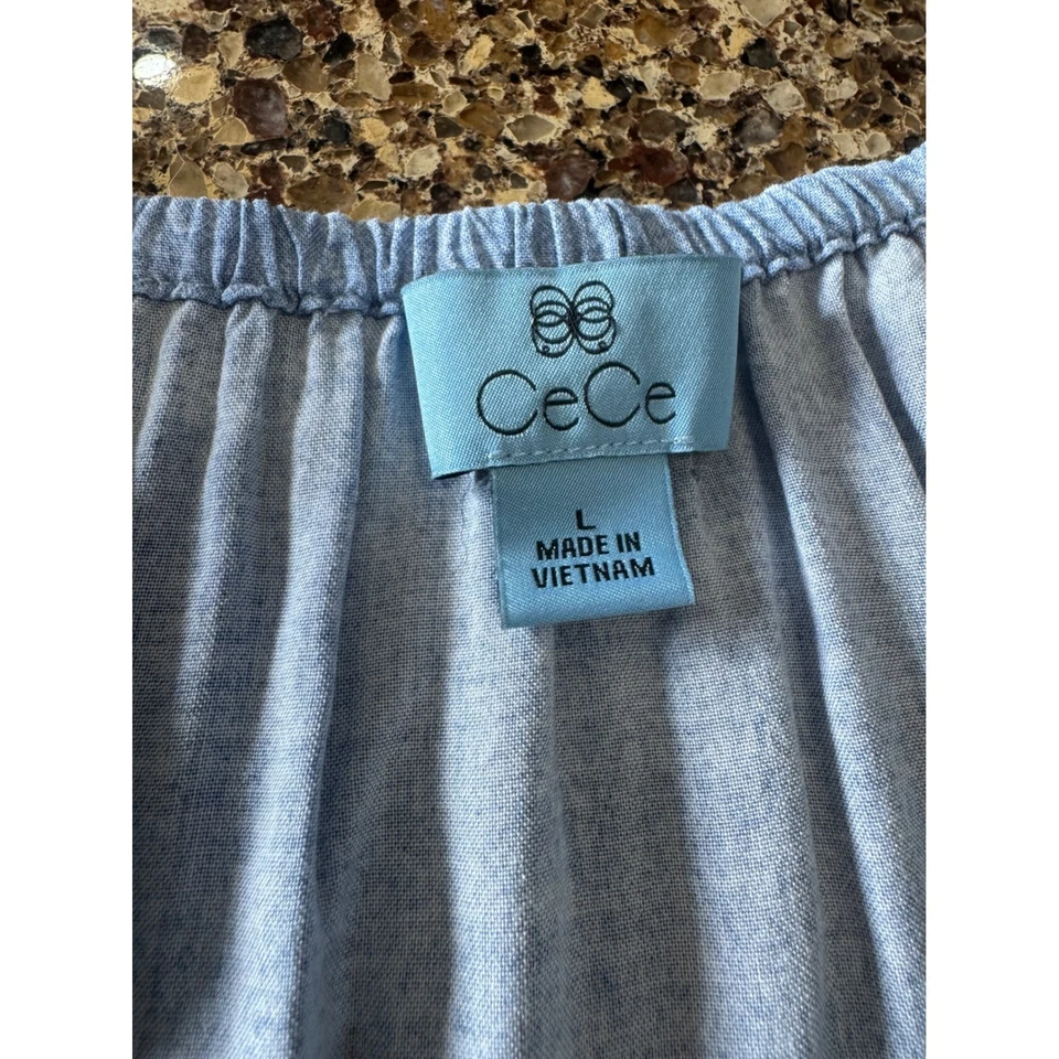 Топ CeCe синий шамбре с открытыми плечами кружевная отделка рукав 3/4 женский размер L б/у в отличном состоянии - Изображение 2 из 4