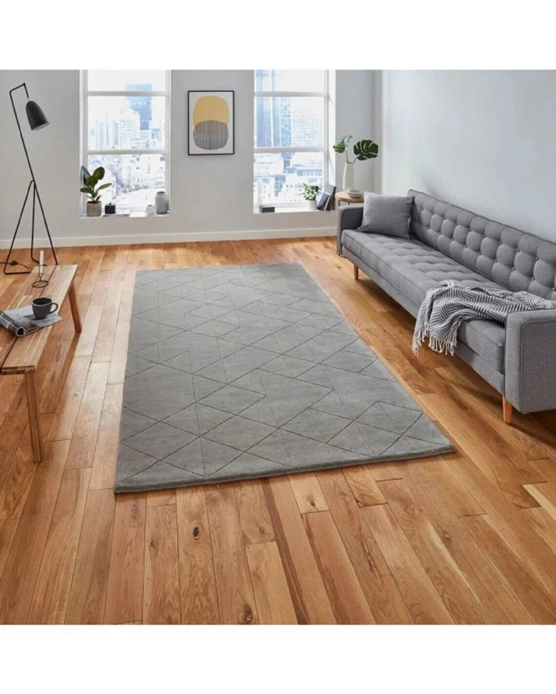 Grey Geometric Hand Tufted Area Rug 5x8 Modern Minimalist Soft Solid Carpet