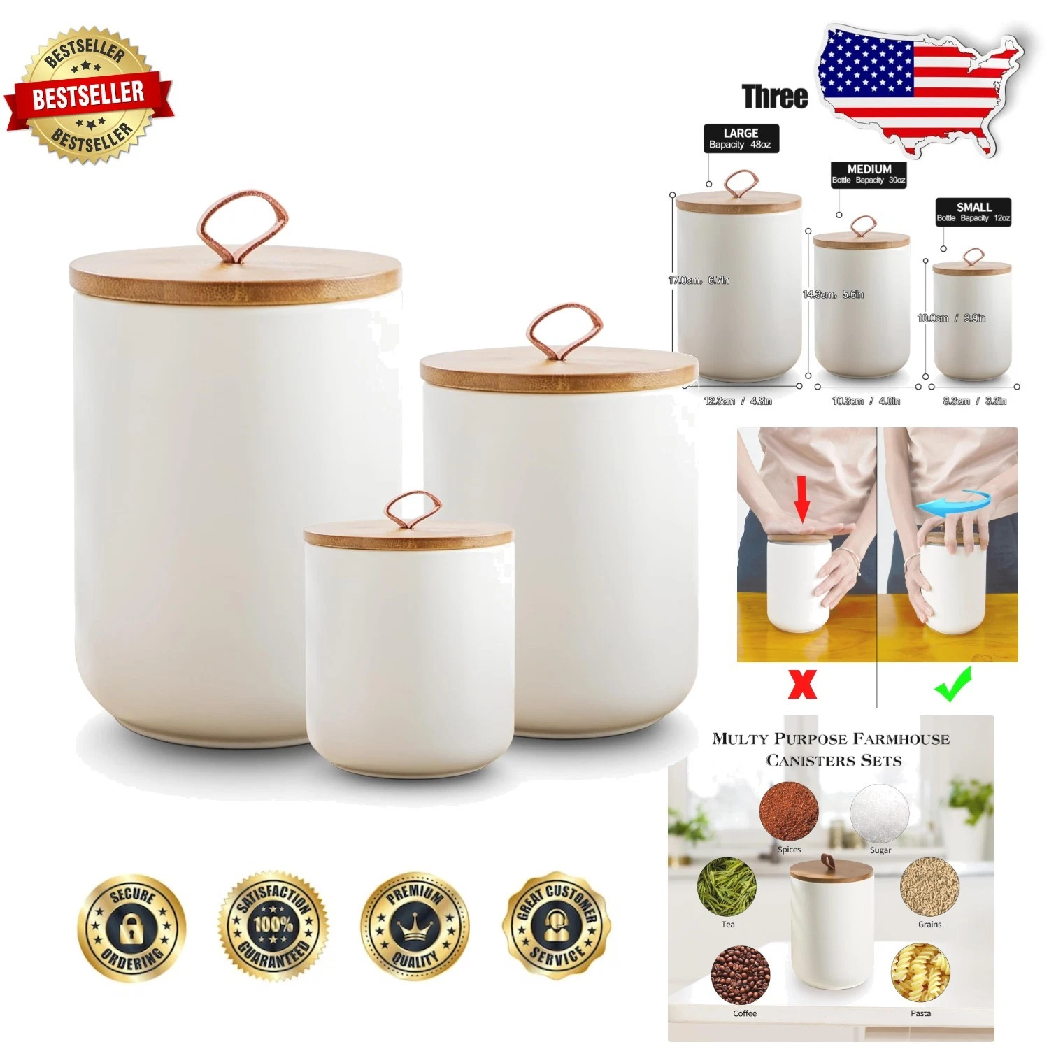White Ceramic Canister Set 3pc - Airtight Food Storage, Kitchen Counter