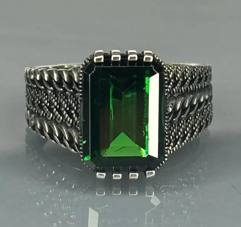 Handmade 925 Sterling Silver Emerald Men's Ring - Chain Turkish Design - Image 3 of 3