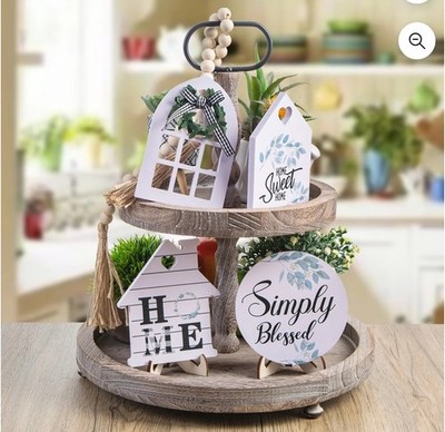 5 Pcs Farmhouse Tiered Tray Decor Home Wooden Signs Rustic Sweet Home...