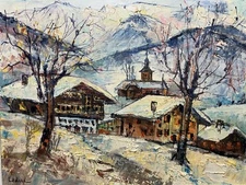 Oil on Canvas Signed Representative Cottages IN Mountain Alps Savoie Swiss