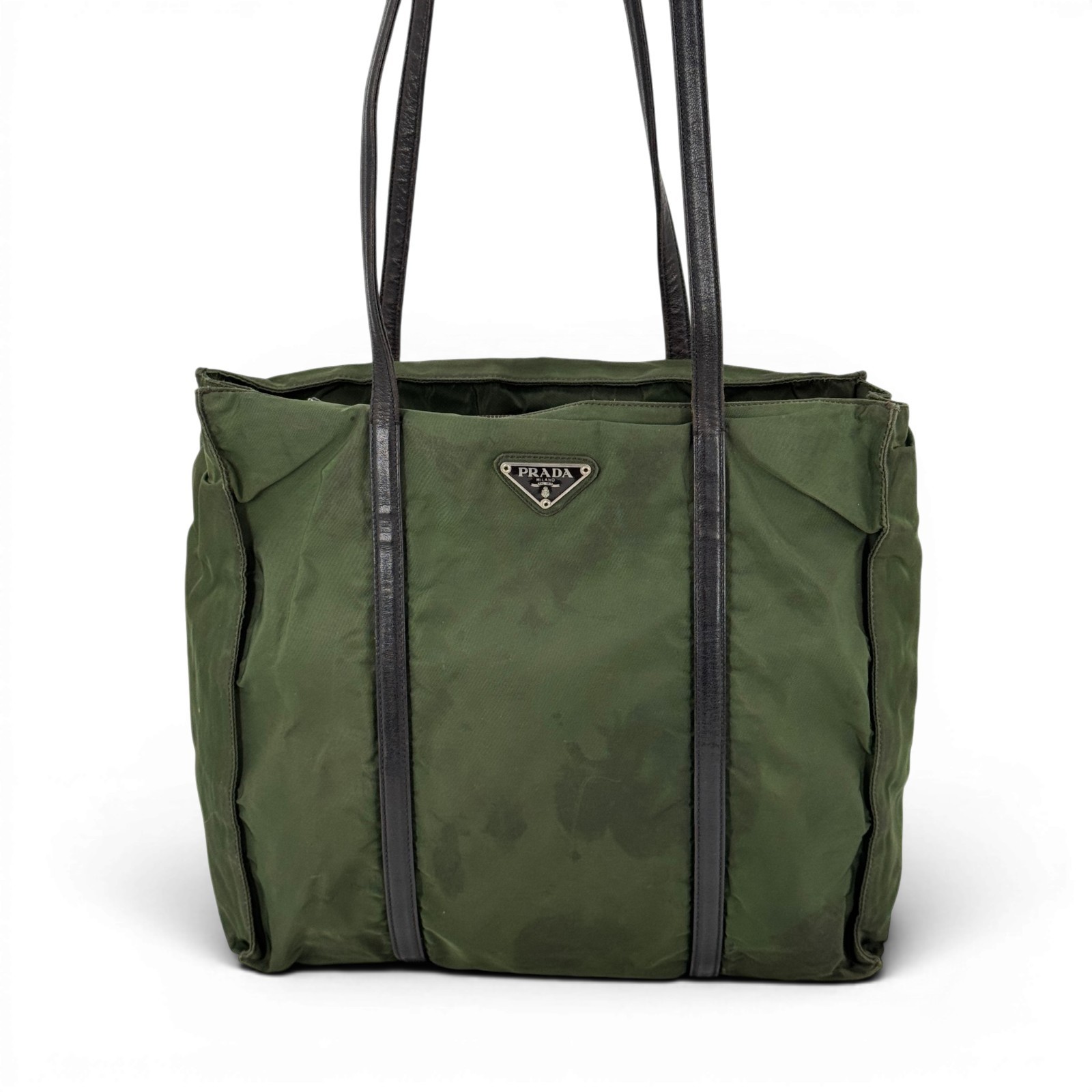 Borsa tote originale PRADA tessuto nylon pelle verde oliva triangolo logo