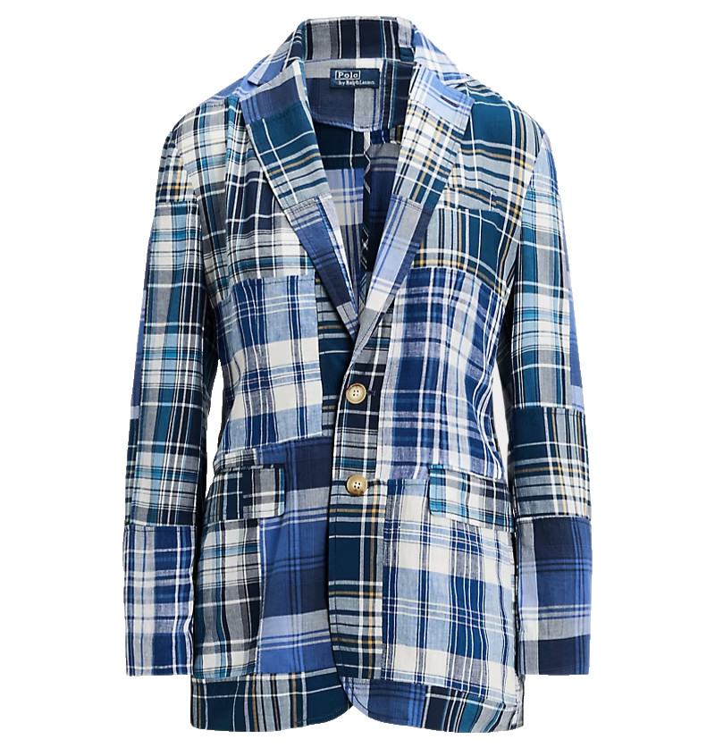 Chaqueta Blazer Polo Ralph Lauren Patchwork Algodón Lino Azul Madrás Mujer 6 Nueva con Etiquetas