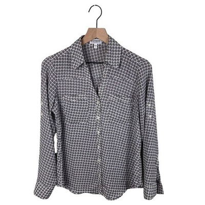 #ad #ad Express The Portofino Shirt Size Small Black White Geo Print Button Front Blouse $28.99