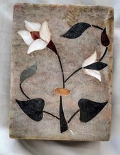 Decorative Soapstone Trinket Box With Pink Mother Of Pearl Inlay Flower Vintage