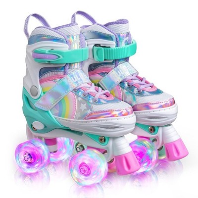 Sulifeel Rainbow Unicorn 4 größenverstellbare leuchtende Rollschuhe für Mädchen
