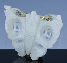 ANTIQUE CHINESE CARVED WHITE JADE BUTTERFLY FIGURAL PENDANT 10K GOLD RINGS QING