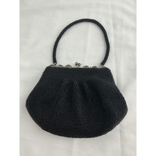 Vintage Black Seed Bead Evening Bag Pleated Kiss Lock Silver Frame Handbag