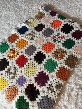 Vtg crochet Afghan White Multi Color Granny Core Country Cabin 72x57” Mcm Retro