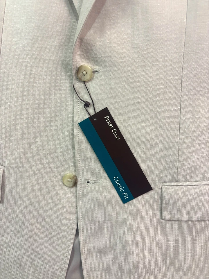 全新 Perry Ellis 46R 亚麻棉西装外套 运动西装外套 米色 人字形 — 第 3/4 张图片