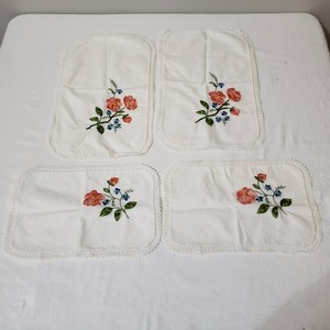 Vintage Hand Embroidered Dresser Scarves Set of 4 Floral Lace Trim Table Runners
