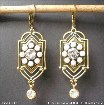 Boucles d'Oreille 'DIAMANTS' PERLES NACREES MÉTAL DORÉ Livrées en 48H à DOMICILE - Photo 1/4