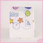 White ABU Cushies plastic backed diaper with colorful baby illustrations including stars, flowers, and blue and red balloons.