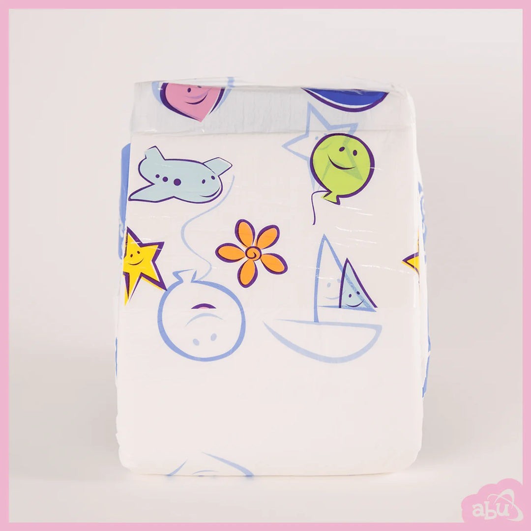 White ABU Cushies plastic backed diaper with colorful baby illustrations including stars, flowers, and blue and red balloons.