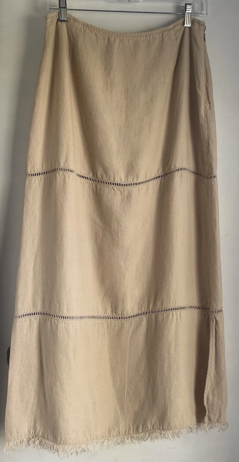 Beige Linen Long Skirt Womens Fringe Hem BOHO USA 12