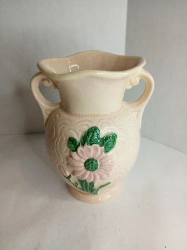 Vintage Hull USA 4-6 Pottery Vase Shell Pink Pink Flowers 6" Hand Painted EUC