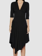 $385 Nicole Miller Women Black V-Neck Stretch Matte Jersey Asymmetrical Dress 10