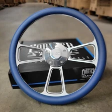 14" Billet Steering Wheel Polished Royal Blue Wrap + Modern GMC Logo Horn Button