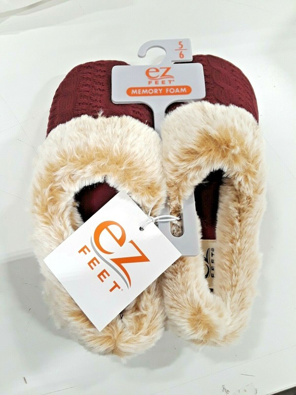 EZ Feet Women's Maroon Slippers W/ Memory Foam & Faux Fur Lining - Size S (5-6)