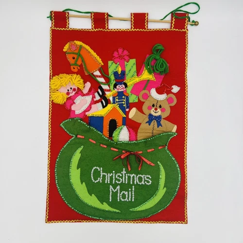 VTG Bucilla Santa Toy Bag Christmas Mail Card Holder Jeweled Pockets Complete