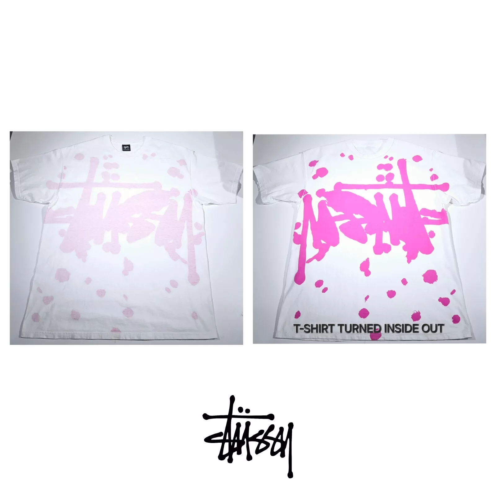 Stussy Reverse Dye Paint Splatter Logo Blanc Rose T Shirt Suprême Undftd Homme L