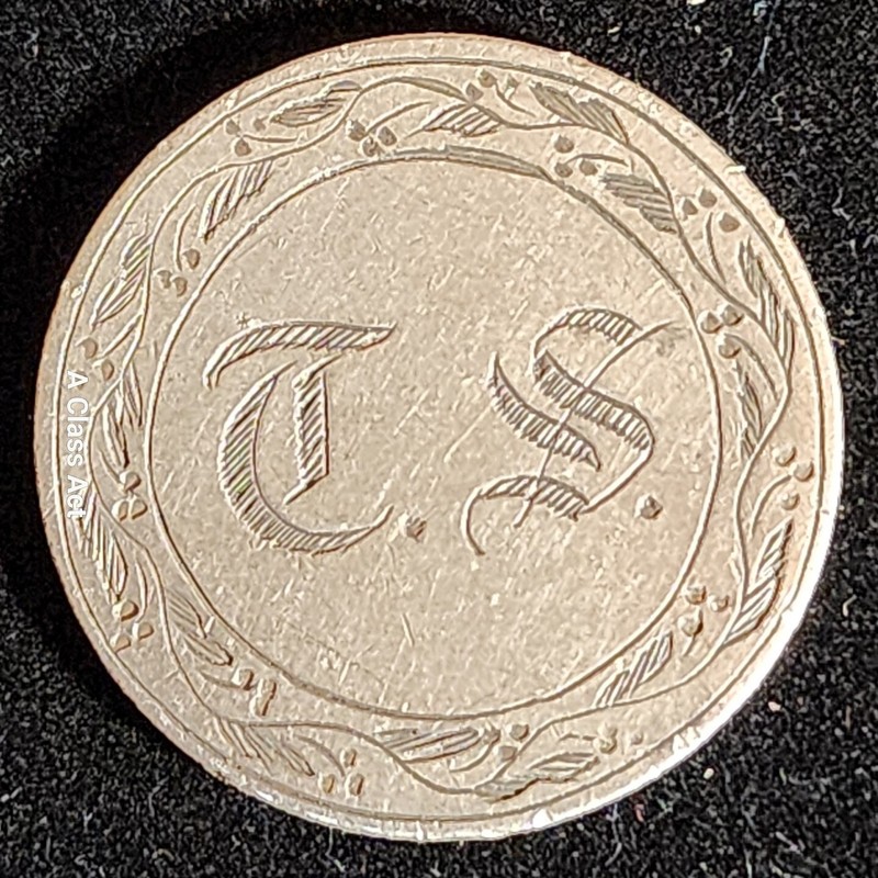 T S, 1854 Seated Liberty Silver Quarter Love Token. Our T7098