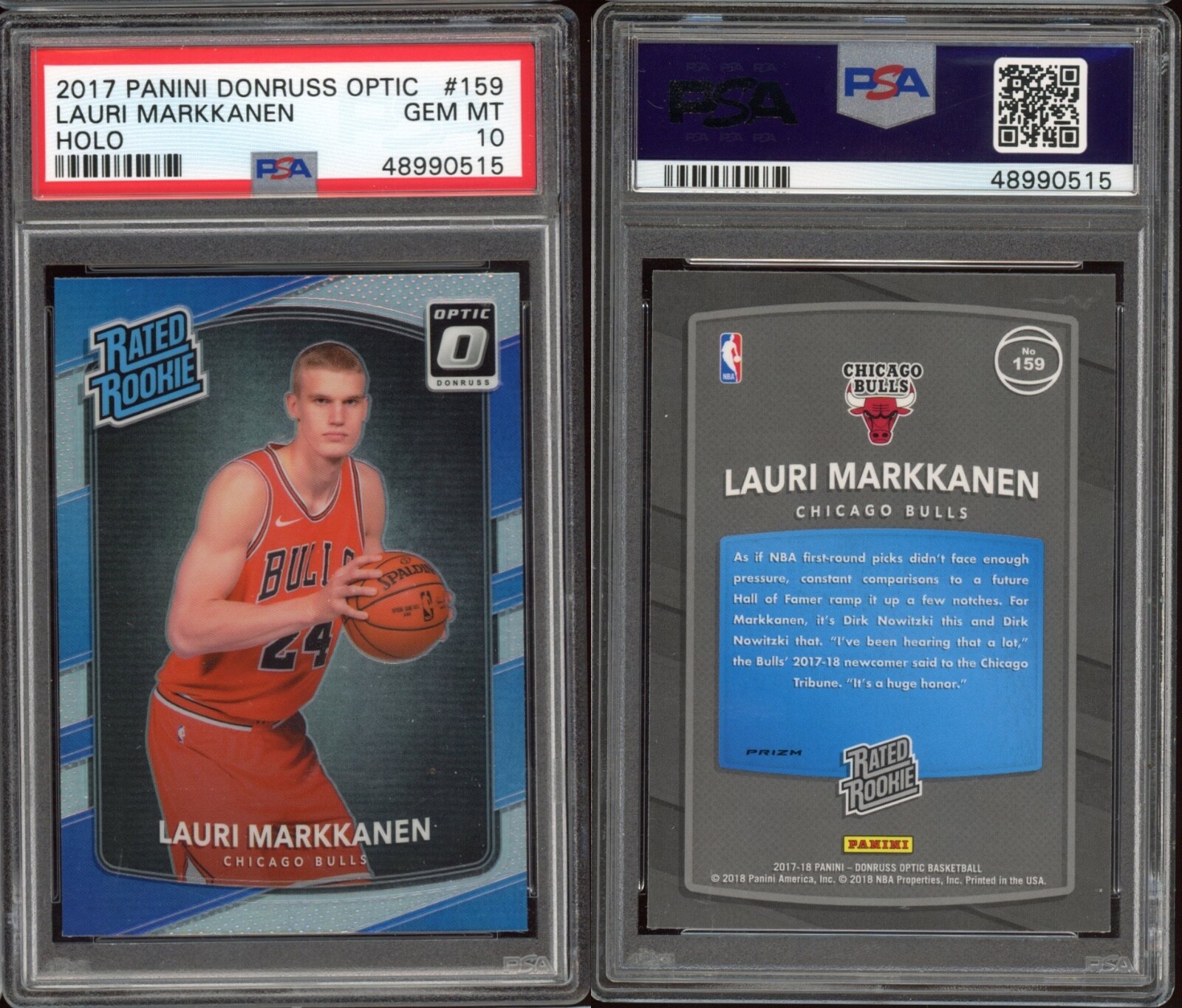 2017-18 Donruss Optic Holo Prizm #159 Lauri Markkenen Bulls RC Rookie PSA 10