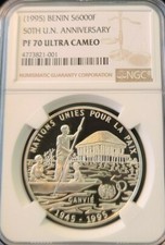1995 BENIN SILVER 6000 FRANCS U.N. ANNIVERSARY NGC PF 70 ULTRA CAMEO TOP POP 2
