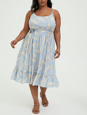TORRID WOMEN'S LIGHT BLUE FEATHER PRINT CHALLIS SHIRRED HEM MIDI DRESS Sz 3 3X