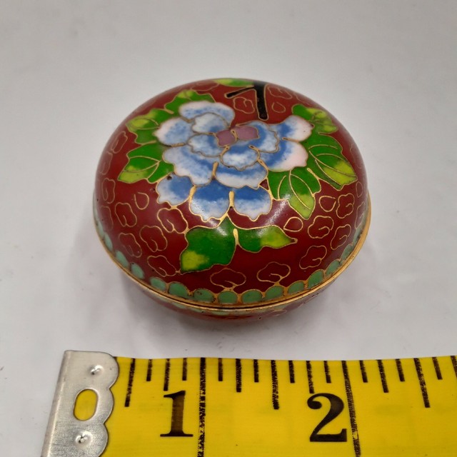 Vintage Round Cloisonne Enamel 2" Diameter Trinket Box w/ Lid Floral