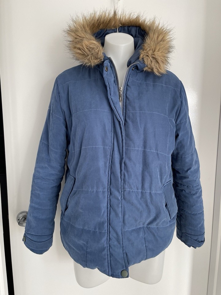 Women Teen Winter Coat Jacket Outerwear Hoodie Faux Fur Blue Size S 170/93A Girl