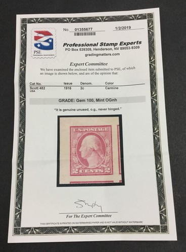MOMEN: US STAMPS #482 MINT OG NH PSE GRADED CERT GEM-100 LOT #88315 - Picture 3 of 3