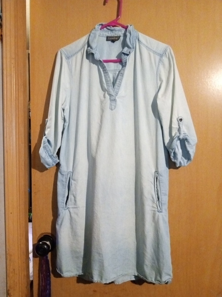 LUXOLOGY~ WOMEN'S PALE BLUE DENIM DRESS 3/4 SLEEVE V-NECK POCKETS SIZE 8  Retro