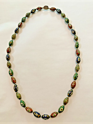Vintage Chinese Export Cloisonné Enamel Oval Beads Necklace 26''