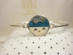 Vintage Alpaca Mexico Mother of Pearl Inlay Baby Face Disk Bangle Bracelet 6"