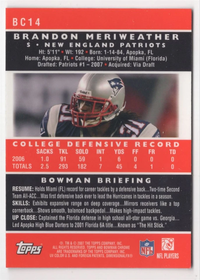 2007 BOWMAN CHROME ROOKIE Brandon Meriweather Rookie New England Patriots #BC14 - Image 2 of 2