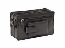 Mens Wrist Leather Bag Multi Zip Clutch Grab Mobile Money Travel Purse Black NEW