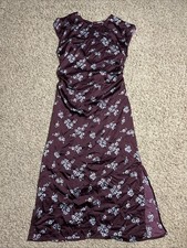 A New Day Women's S Short Sleeve Ruched Midi Shift Dress Burgundy Blue Floral