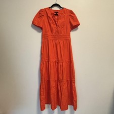 Quince Dress Womens Medium Orange Organic Cotton Tiered Maxi Smocked Poplin