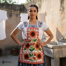Mexican Embroidered Bib Apron for Women Multicolor with Floral Design