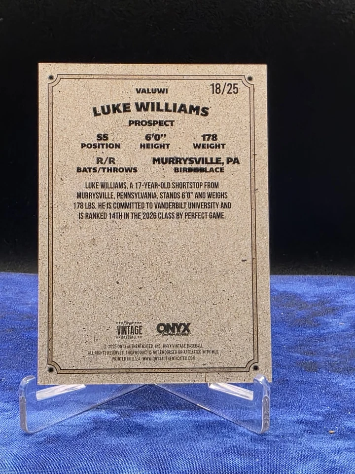 2025 Onyx Vintage Baseball #VALUWI - Luke Williams Red Auto 18/25 - Image 2 of 2