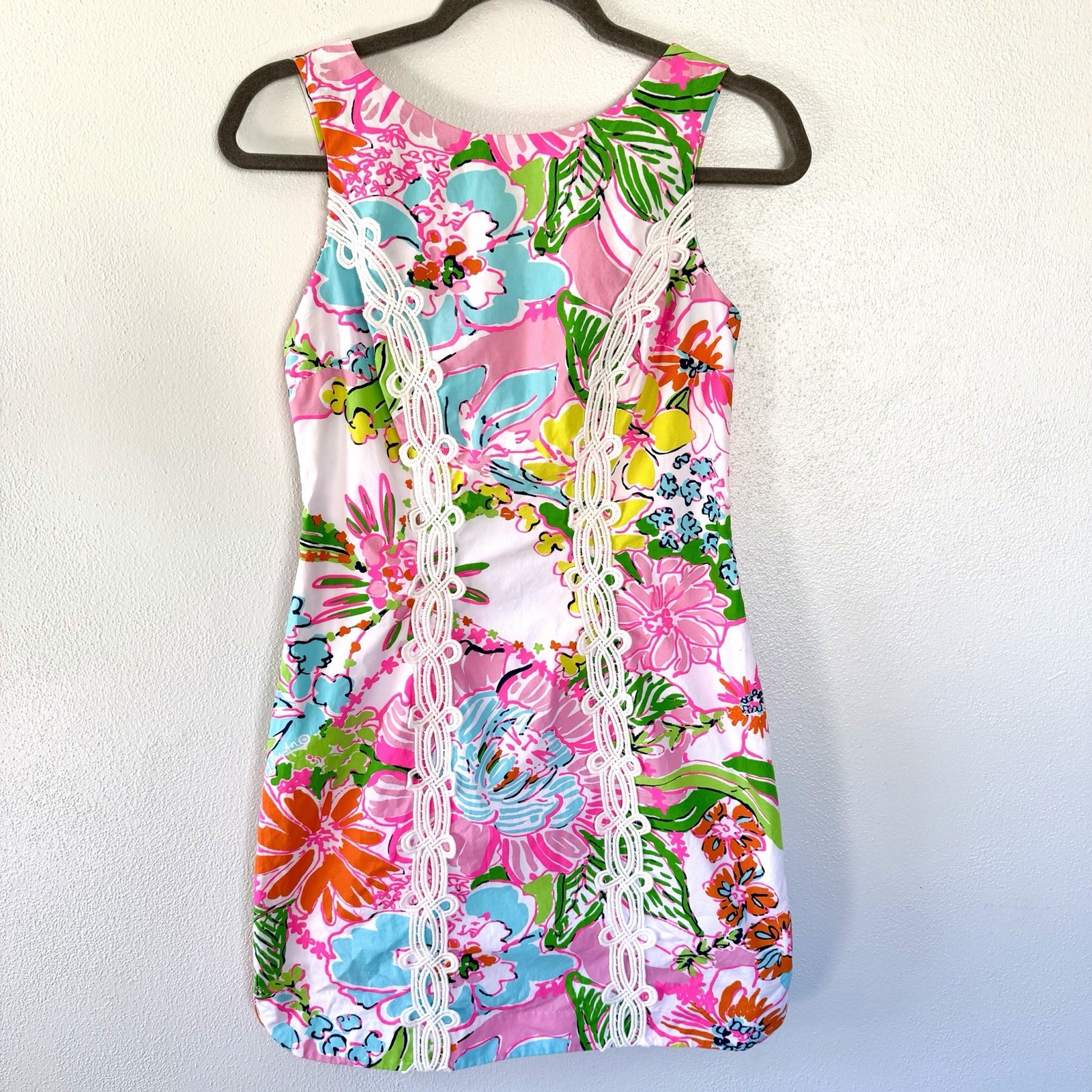 Lilly Pulitzer Nosey Posey Floral Shift Dress Womens 2 Colorful Crochet Summer