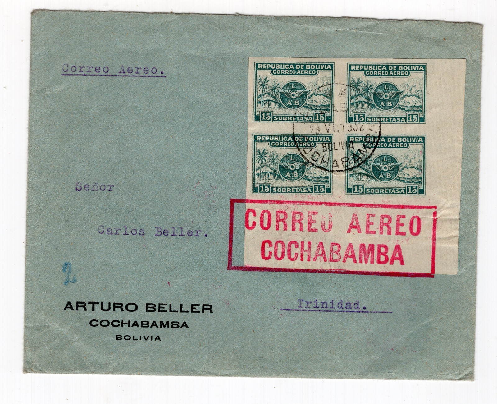 BOLIVIA 1932 LAB airmail Cochabamba to Trinidad IMPERFORATE block of 4