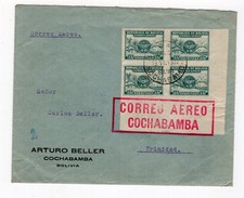 BOLIVIA 1932 LAB airmail Cochabamba to Trinidad IMPERFORATE block of 4