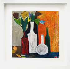 ORIGINAL VOM KÜNSTLER GERAHMTES ÖLGEMÄLDE NEU 43cm Blumen Obst STILLLEBEN KUNST