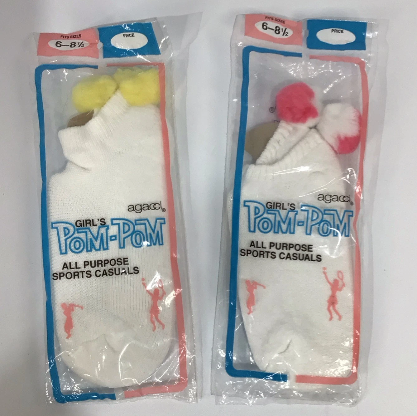 Girl’s Pom-Pom Ankle Low Cut Socks Size 6-8.5 Yellow & Pink/White - 2 Pairs NOS