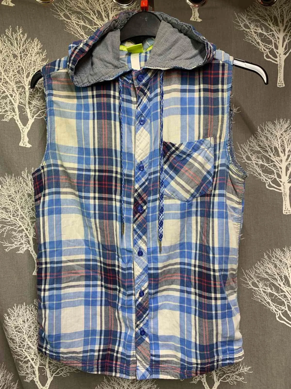Adidas NEO Label Plaid  Vintage Sleeveless Hooded Shirt Vest Blue Check 2010,S. image 2