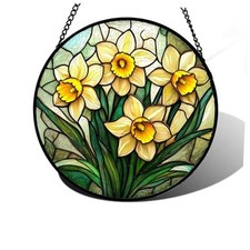 Stained Glass Window Hanging, Daffodil Plant 11.8x11.8 IN Greenish Yellow